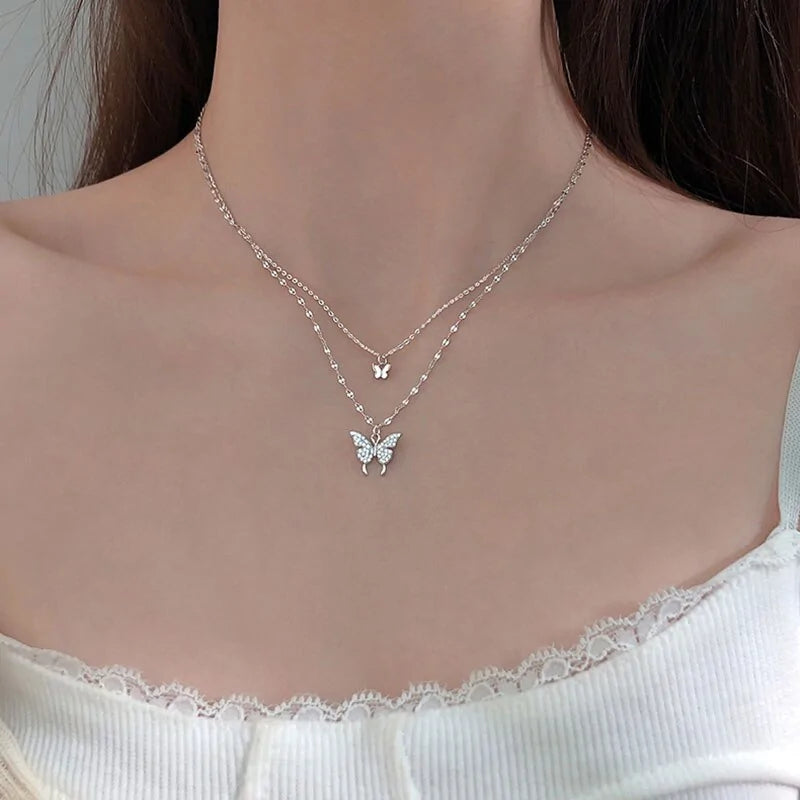 ANENJERY 925 Sterling Silver CZ Butterfly Necklace: Double Layer Dainty Jewelry Uniquely Yours Designs